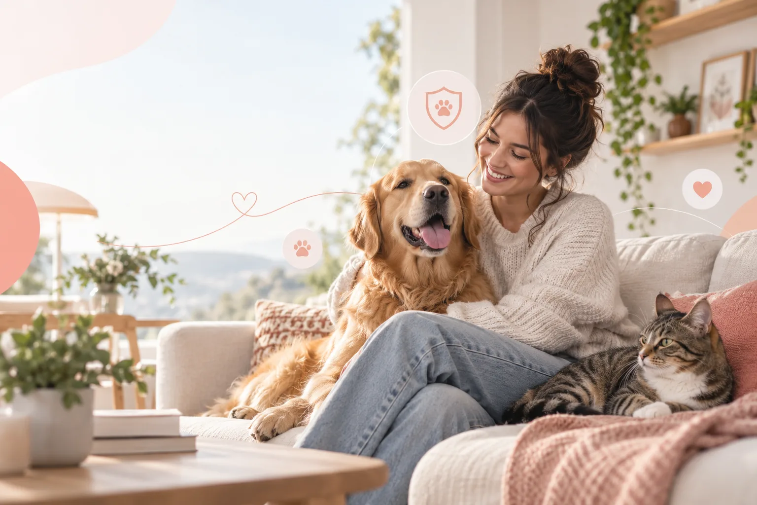Owner relaxing at home with a dog and cat