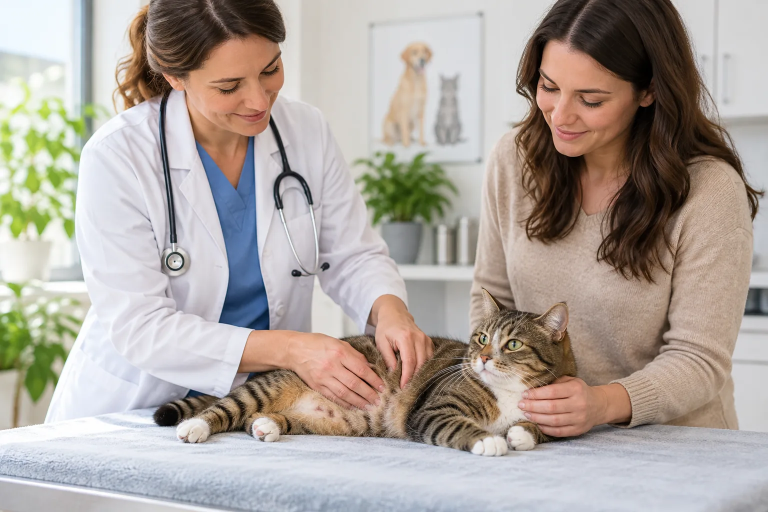 Veterinarian examining a cat on a clinic table beside its owner